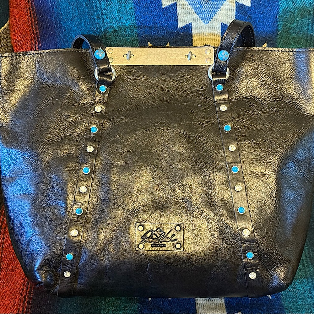 Patricia Nash Black Leather Tote Bag with Rhinestone & Turquoise Accents